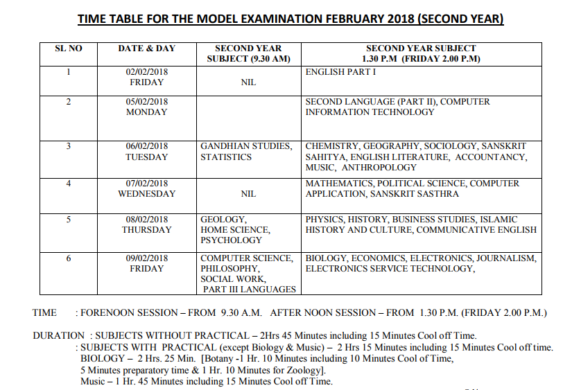 Kerala Plus Two Time Table 2018 Kerala DHSE +2 Exam Date Sheet