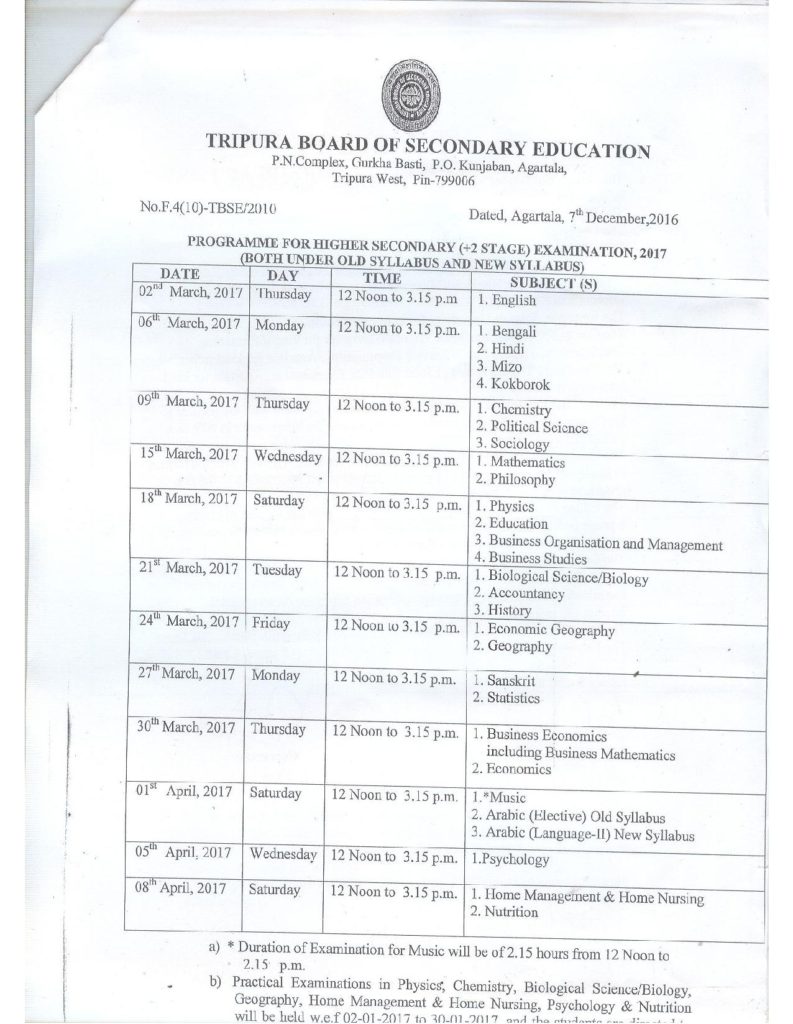 Tripura Board 12th Result 2017 - TBSE HS 12th 2nd year Result - tbse.in