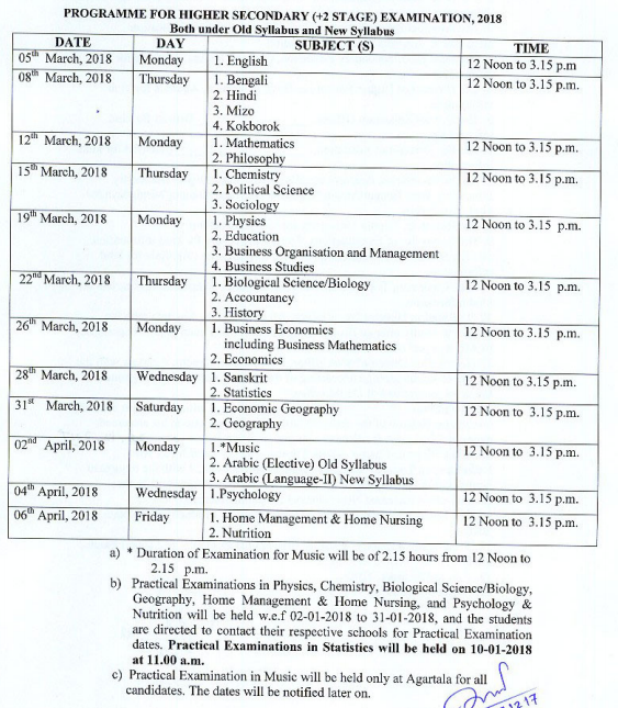 TBSE HS Routine 2018 | Tripura 12th Exam Time Table @ www.tbse.in