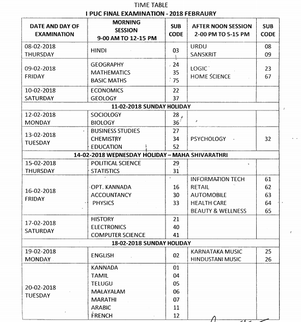 Karnataka 1st Puc Time Table 2018 