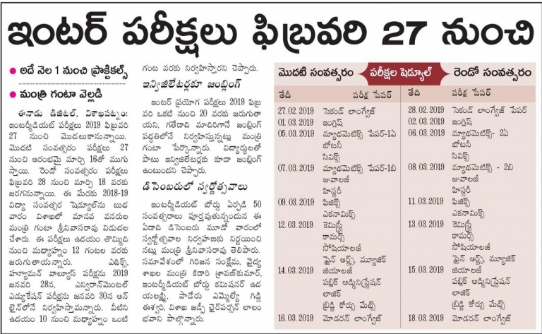 AP Inter 1st Year Time Table